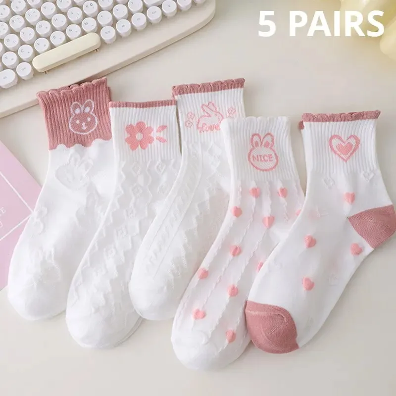 5 Pairs Pink Heart Socks 1