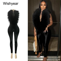 Hot Girls Halter V Neck Furry Skinny Jumpsuits Women One Piece Open Back Fitted Feather Playsuit Romper Sexy Night Club Overalls