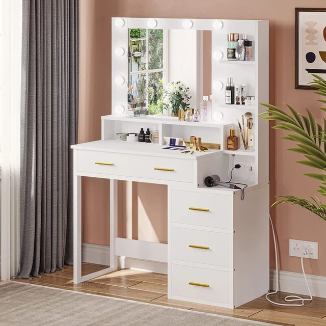 Vanity Desk with LED Lighted Mirror, Makeup Desk with 5 Storage Drawers & 6  Shelves, Vanity Table with Charging Station, Modern Dressing Table with 3