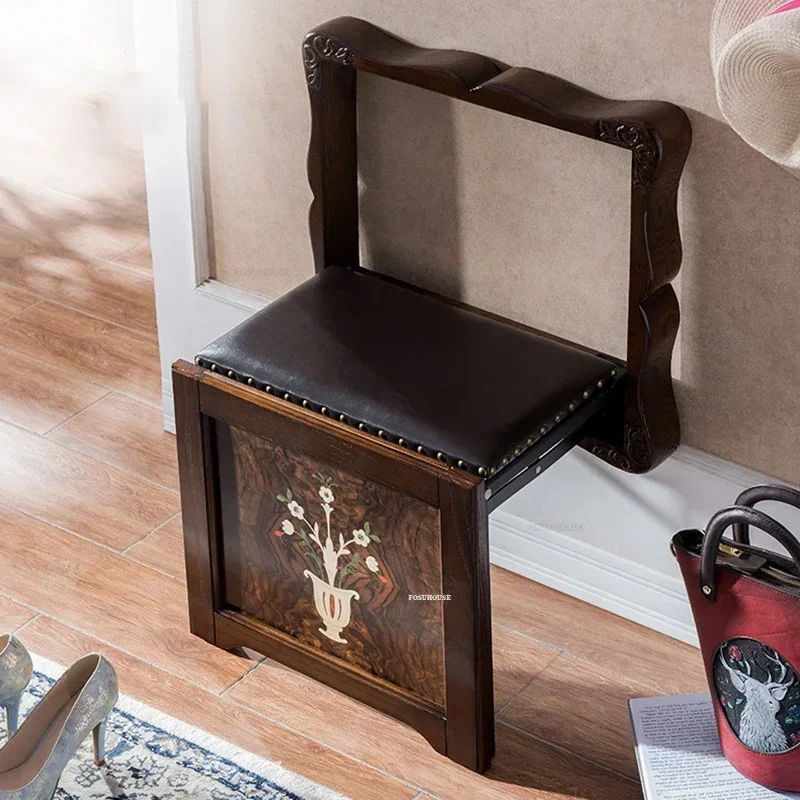 Wall-mounted Shower Seats Folding Bath Chair American Retro Shoe Changing Stool Household Porch Solid Wood Carved Stool N 2