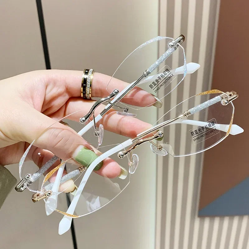 Diamond Cutting Rimless Ladies Myopia Glasses Anti Blue Light Minus Eyeglasses Finished Prescription Near Sight Eyewear Diopter 3