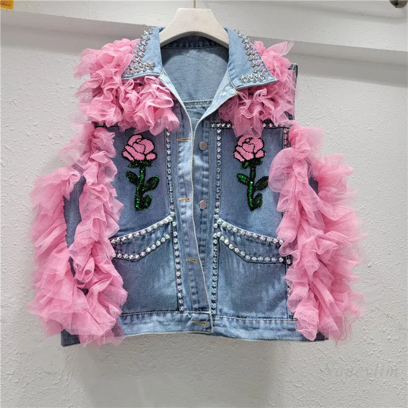 

Women's Studded Denim Vest 2023 Early Autumn New Fashion Trendy Mesh Stitching Loose Youthful-Looking Denim All-Match Vest Coat