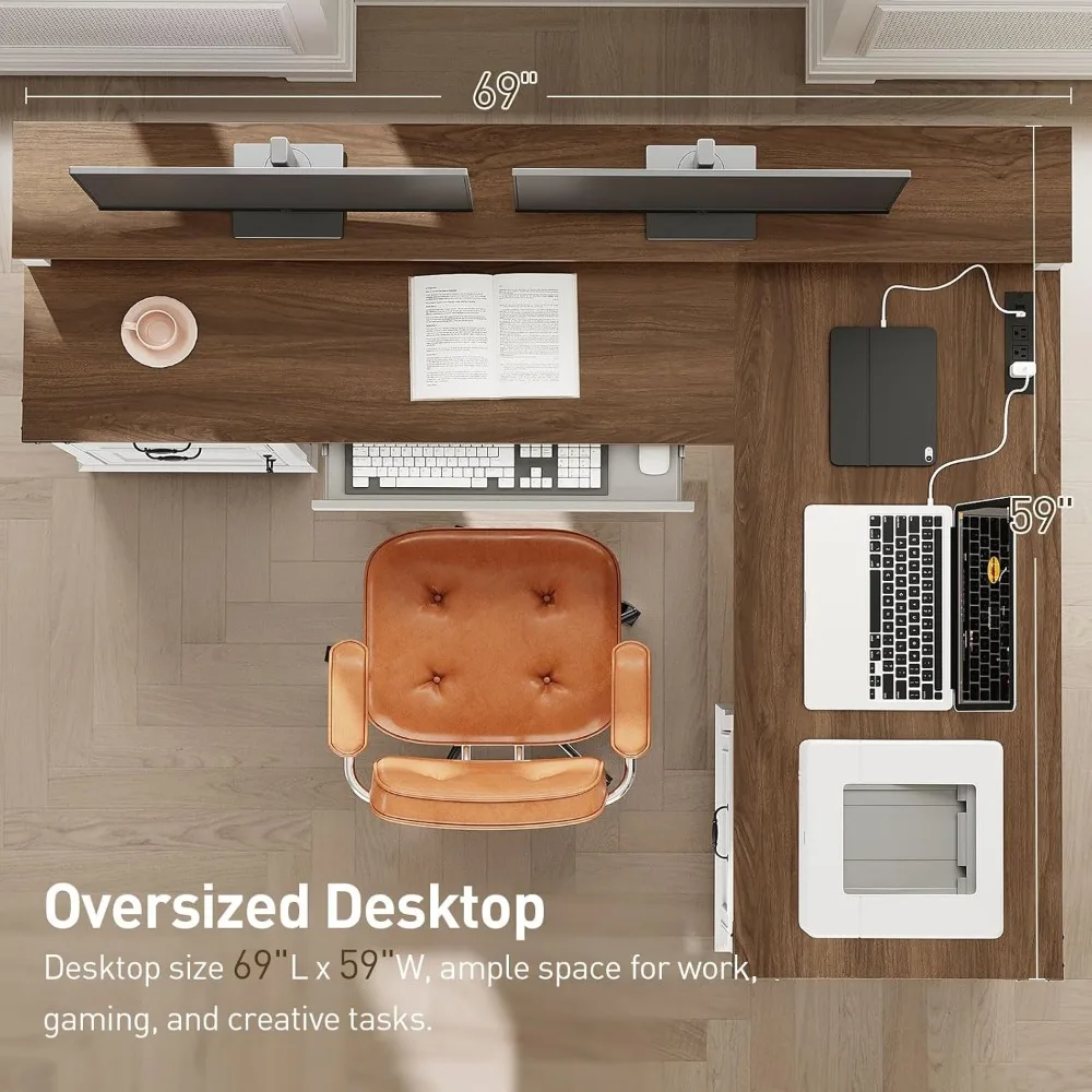 Farmhouse 69" Executive L Shaped Desk with Drawer, Home Office Desk with Charging Station, Corner Computer Desk 3