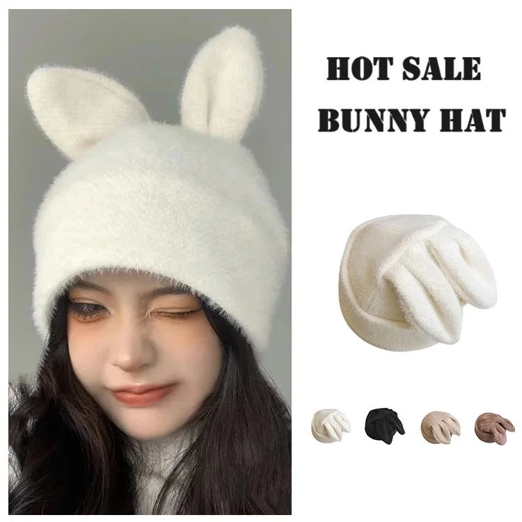 

Skullies Beanies for Women Cute Rabbit Ear Winter Bunny Ear Hat Female Soft Thick Warm Knitted Pullover Hat Joker Women Hat