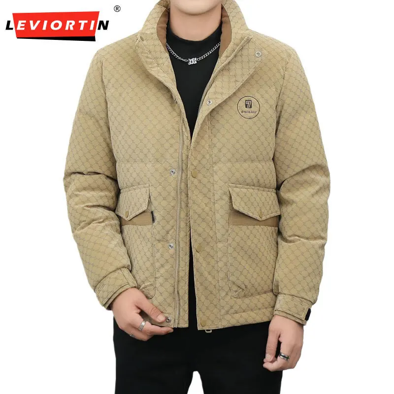 Hip Hop Men PU Leather White Duck Down Jackets Fall Winter Full Print Puffer Down Coats Male Cold Proof Warm Parkas Outwear
