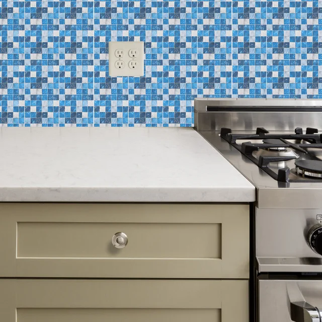 50 Dcs Kék Otthoni Dekoráció Szimulált Kis Csempe Matricák Önmagasztó Fali Paszta 10X10Cm Mozaik Dekoratív Papír 3D - Image 6