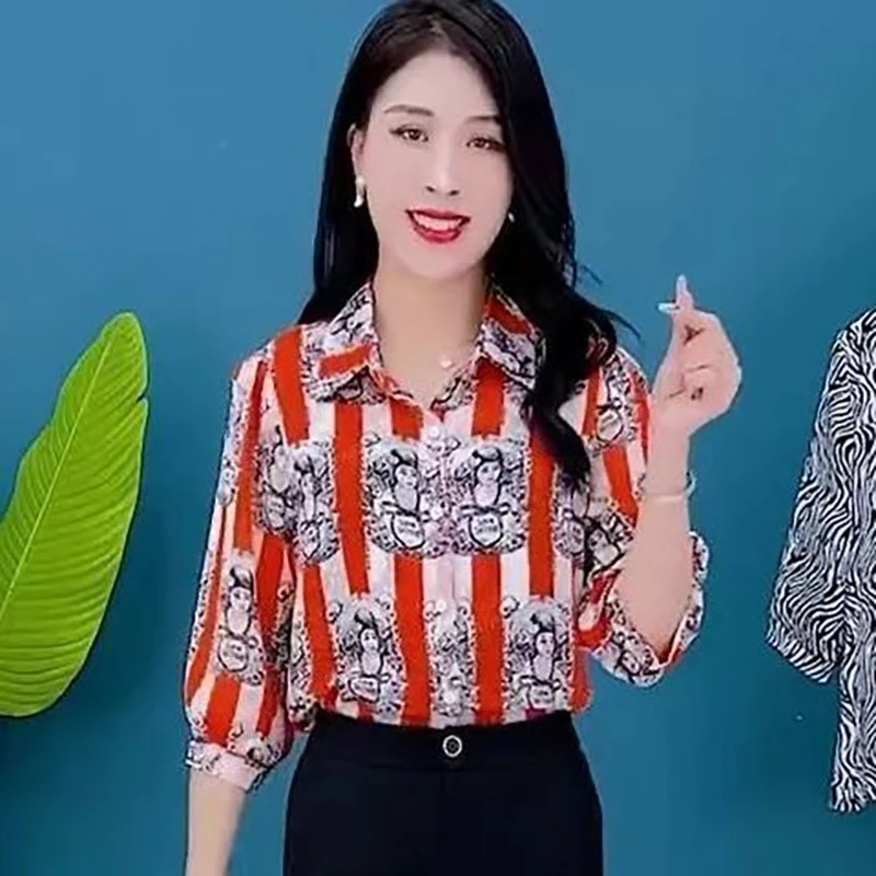 Fashion Lapel Button Printed Striped Chiffon Shirts Women's Clothing 2024 Summer New Loose All-match Tops Office Lady Blouses