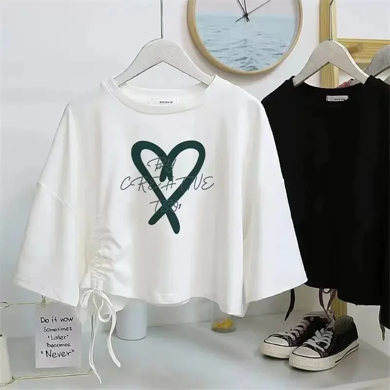 فضفاضة قصيرة الأكمام تي شيرت المرأة عالية الخصر زر...