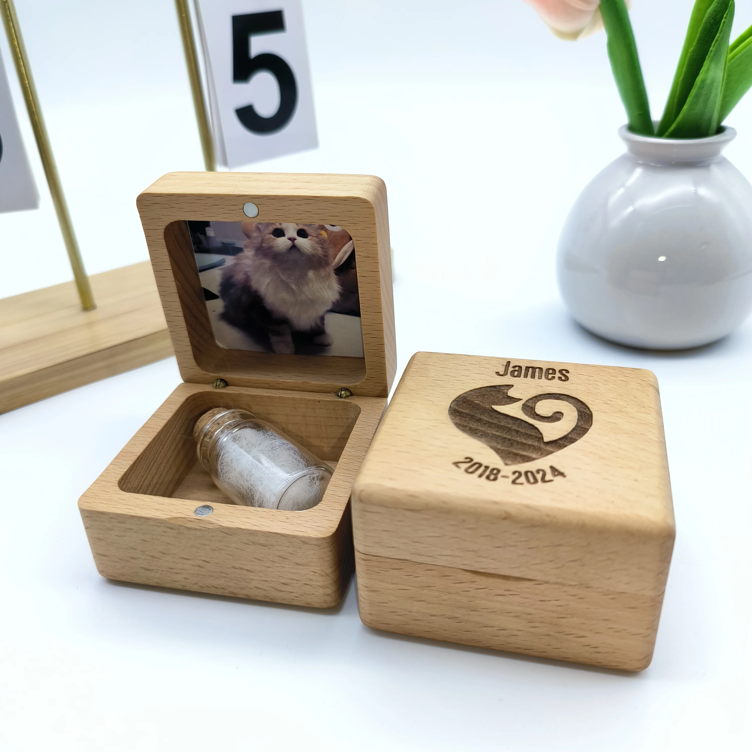 Personalized Handmade Wooden Pet Memorial Box with Name and Photos-Can Hold Pet Urn, Fur , Teeth, Nails