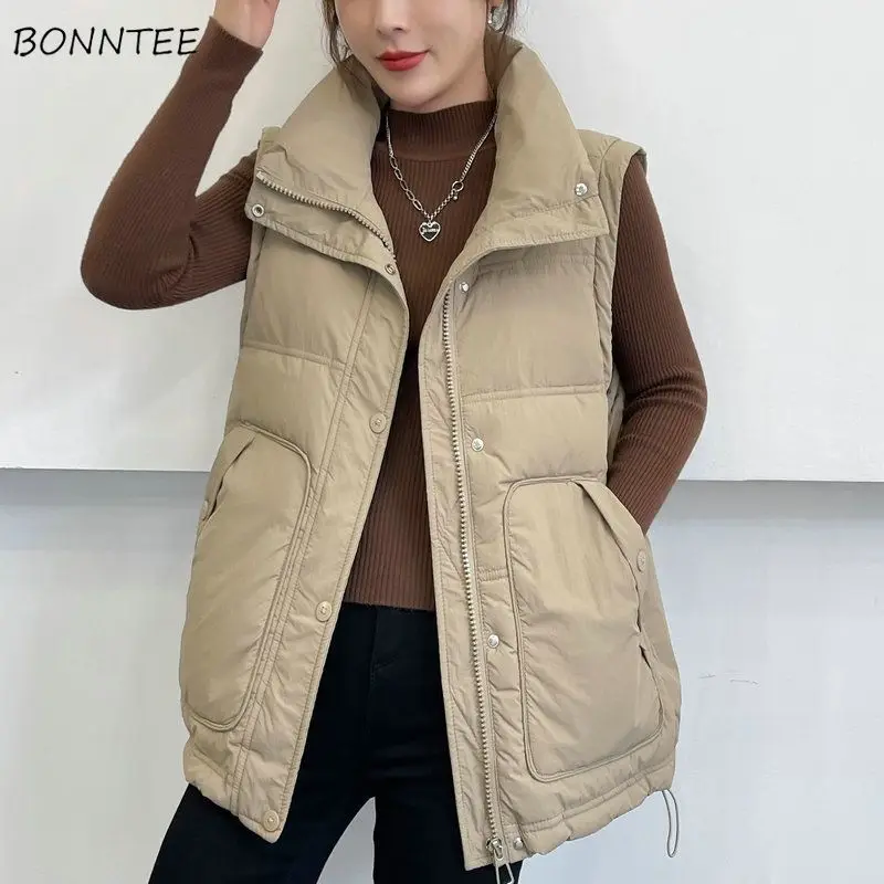 

Vests Women Autumn Winter Baggy Sleeveless Leisure Solid Coats Korean Style Simple Zipper-up All-match Buttons Warm Pockets