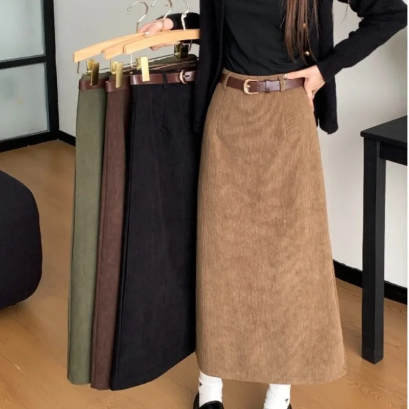 Matakawa Corduroy Long Skirts Autumn Winter Solid A-line Vintage Faldas Mujer Korean Fashion High Waist Simple Women Skirt