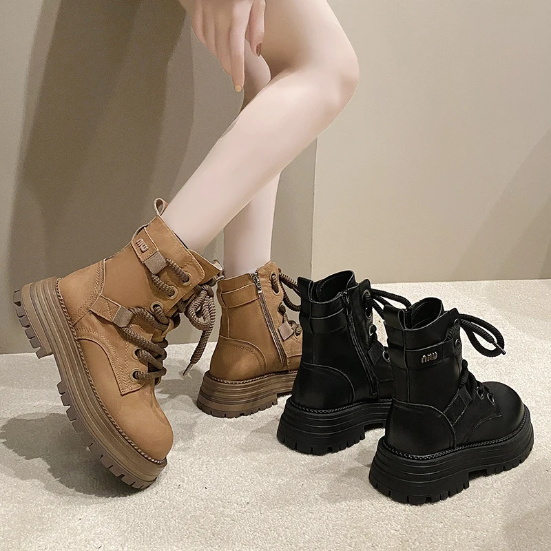 

Женские резиновые ботинки на молнии со шнуровкой и круглым носком-Женская обувь на плоской подошве для дождя 2023 из натуральной кожи в стиле «лолита»