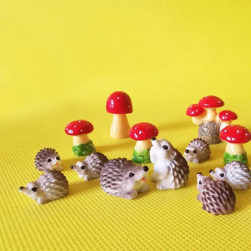 15Pcs Hedgehog with Mushrooms Cute Animal Fairy Garden Gnome Moss Terrarium Crafts Home Decor Diysupplies Figurine