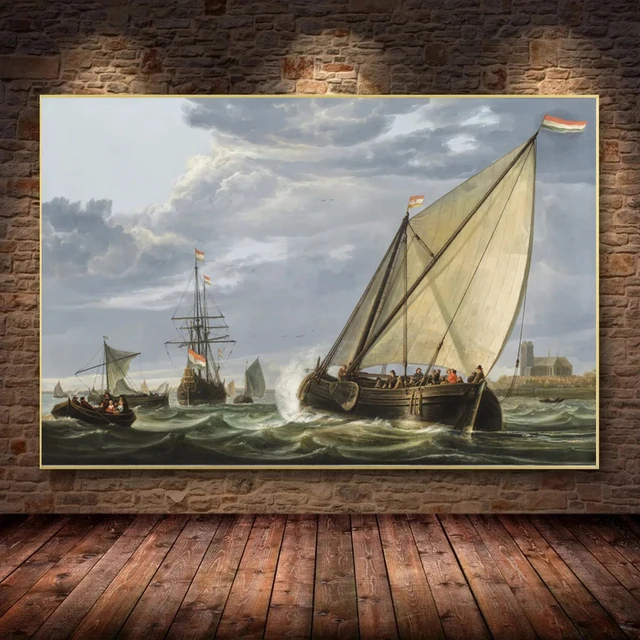 Vintage เรือใบเรือ Seascape ภาพวาดผ้าใบโปสเตอร์เรือภาพจิตรกรรมฝาผนังพิมพ์ Wave ศิลปะบนผนังรูปภาพสำหรับห้องนั่งเล่นตกแต่งบ้าน 1