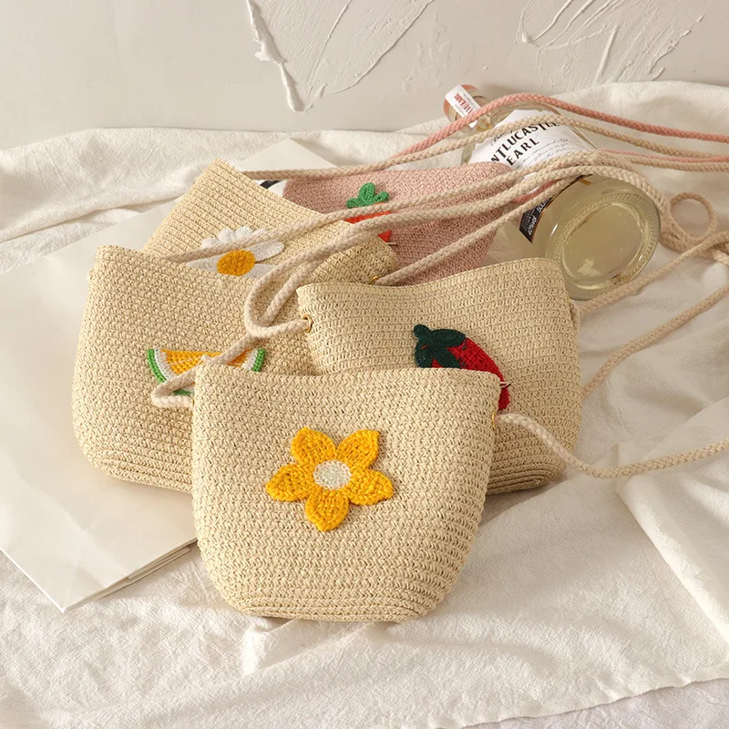 Mini Baby Straw Bag Cute Fruit Daisy Zipper Coin Purse Handmade Shoulder Bags Korean Kids Items Outdoor Travel Children's Bags mini zipper credit card holder small card wallet cute bank cards pack girls squeeze coin purse