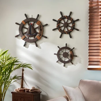 Decorazione da parete in stile nautico da 1 pezzo – Ornamenti da appendere con ancora rustica e ruota per navi con accenti in corda per casa costiera, cottage sulla spiaggia