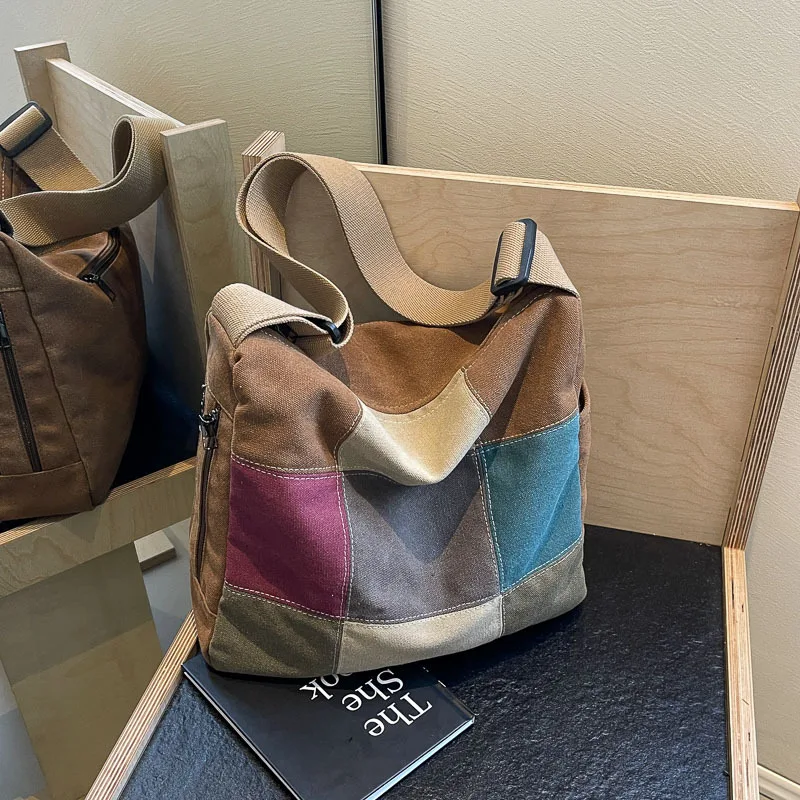 Women's Tote Bag Single Shoulder Crossbody Bag Handheld Canvas Splicing New Fashion Simple Casual Large Capacity Travel