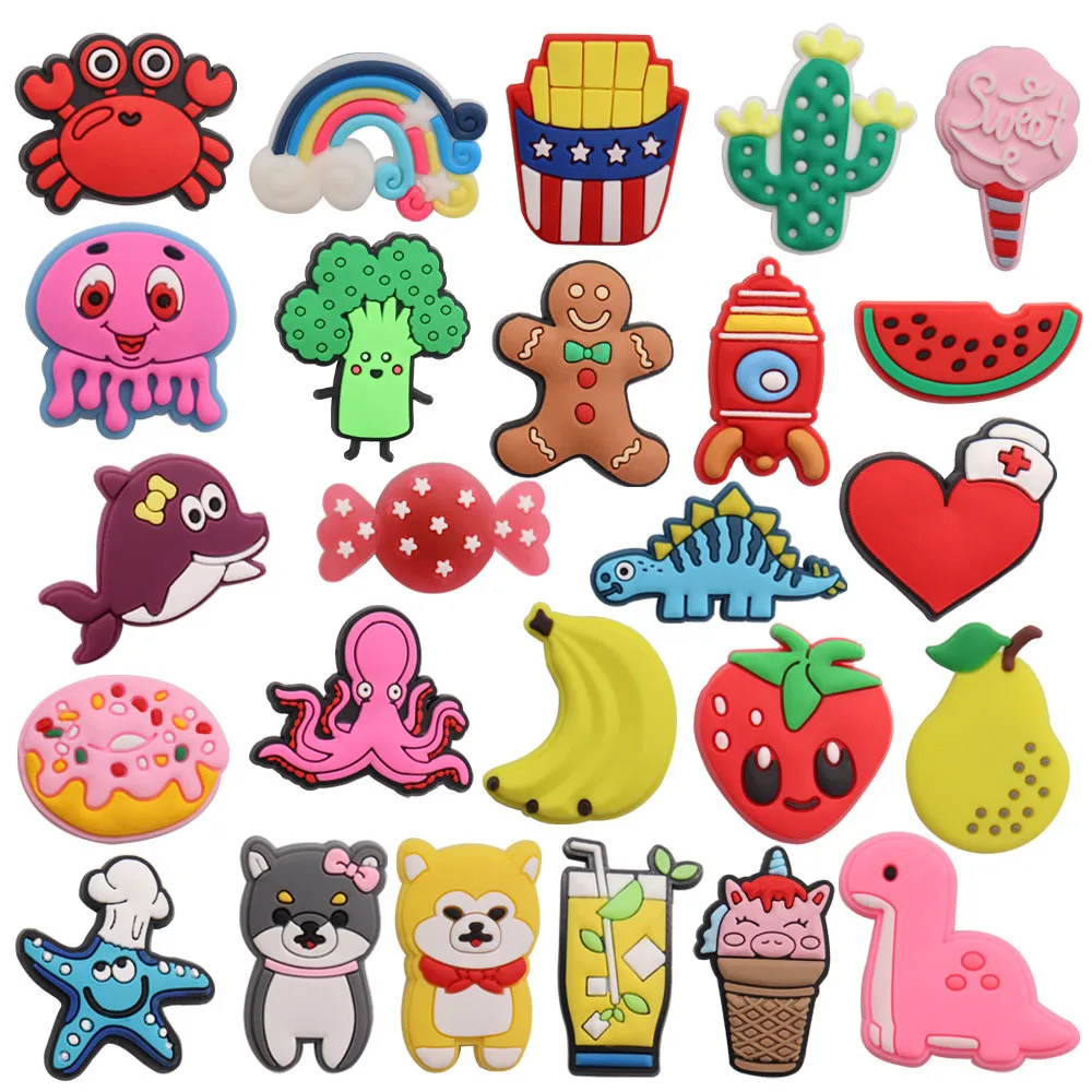 

Wholesale 50Pcs Starwberry Donut Gingerbread Man Rocket Kids Shoes Button Decorations DIY Wristband Croc Jibz