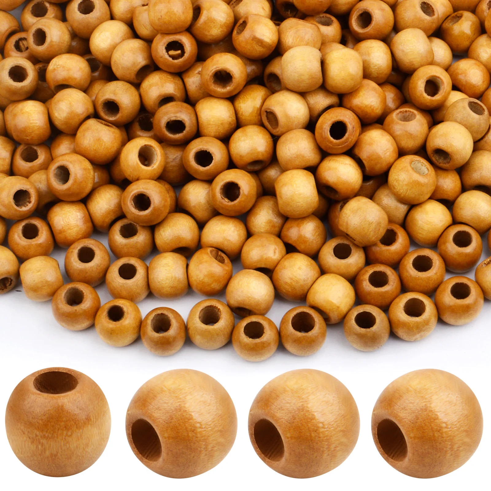 

300pcs Natural Round Wooden Spacer Beads Large Hole Wood Craft Beads for Hairstyle DIY Jewelry Making Handmade Decor, Hole: 5 mm