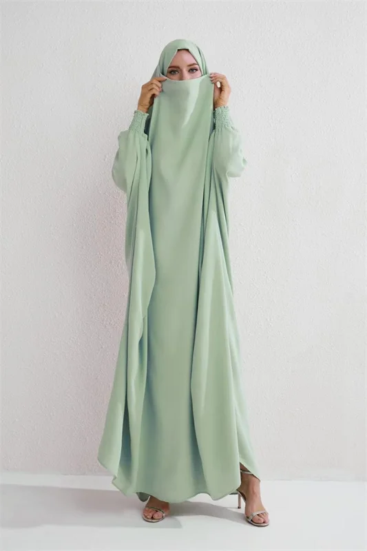 

Green Robe With Hijab Musulman Djellaba Women Solid Colors Long Sleeve Dresses Islam African Clothing Abaya