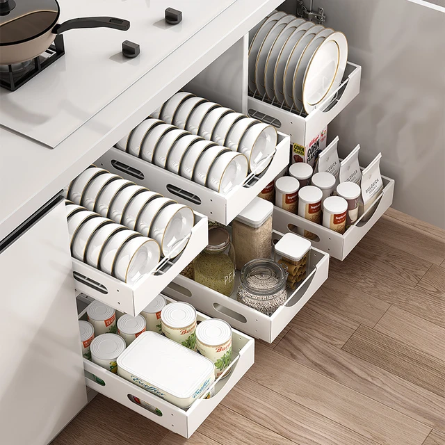 Kitchen Dish Rack Kitchen Cabinet Built-in Pull-out Dish Separated Storage  Rack Household Drawer Tableware Cup Holder - AliExpress