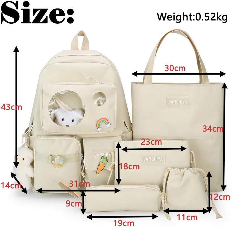 5 Pcs Set Kawaii Backpack For Student School Bags For Teenager Girls Schoolbag Book Bags Pencil Case Women Travel Backpack Tote