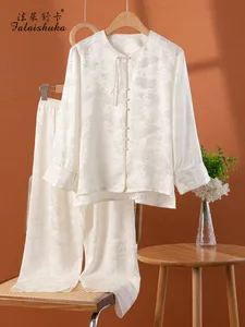 19 momme 100% genuine silk pajamas sets women sleepwear new Retro fashion flower Elegant natural silk pyjamas T8726
