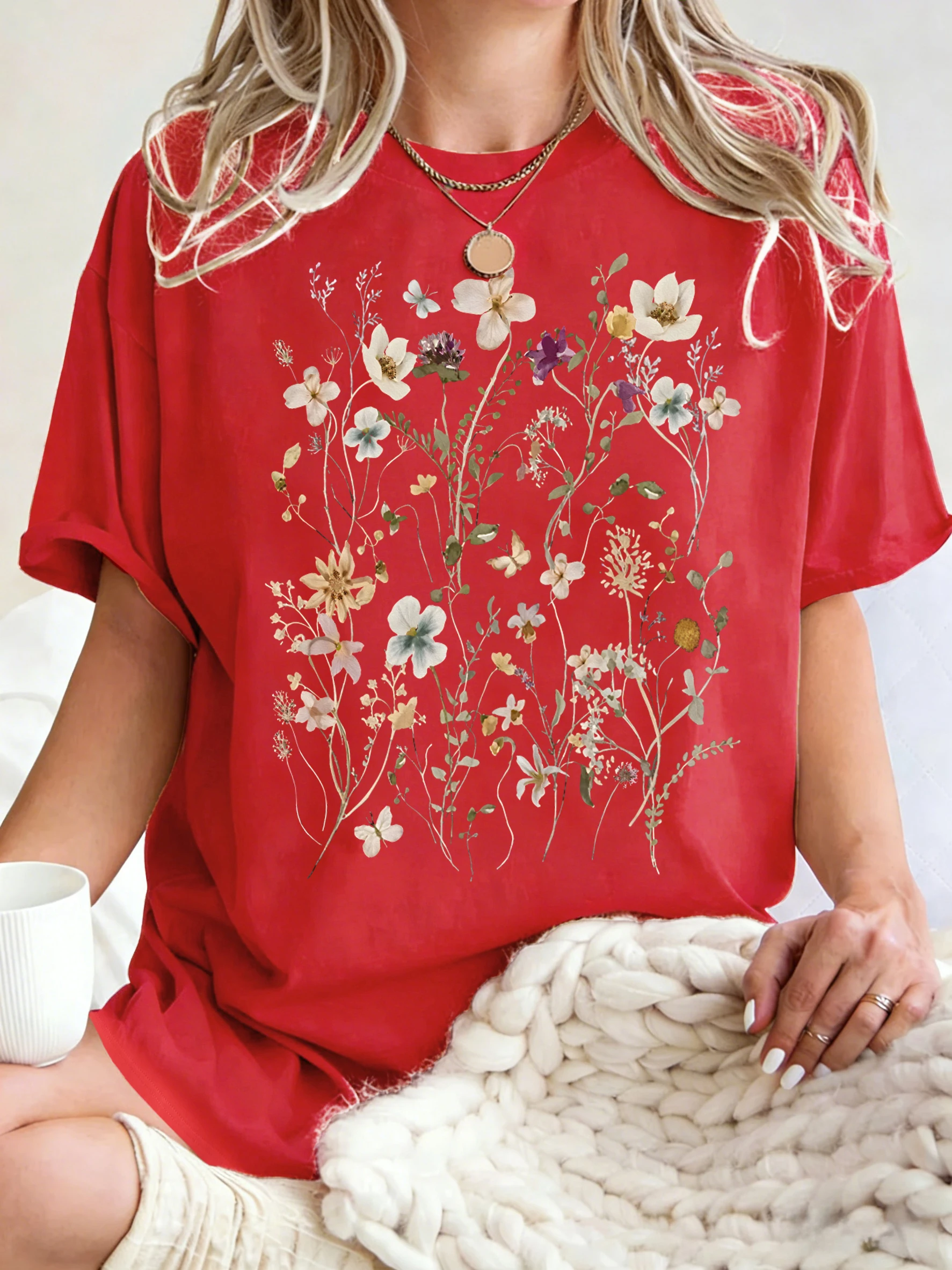 Beautiful Flower Clusters Printing Woman T-Shirt Summer Oversized Short Sleeve O-Neck Cotton T Shirts Y2K Women Sports Tops