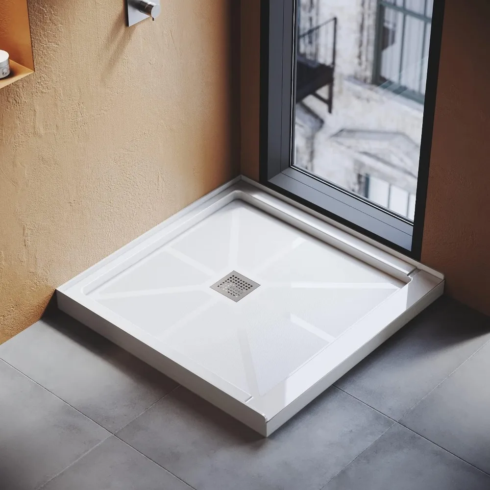 Center Drain Shower Base 36" L X 36" W X 4" H, with Brushed Nickel Cover, Single Threshold Anti-slip Acrylic Shower Base