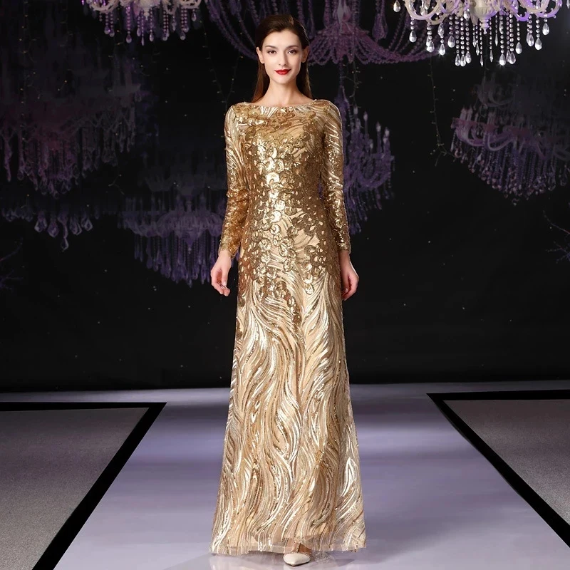 

2023 Long sleeves women's formal prom evening dress sequined gold long wedding party dress Ceremony Dress mother's formal dress