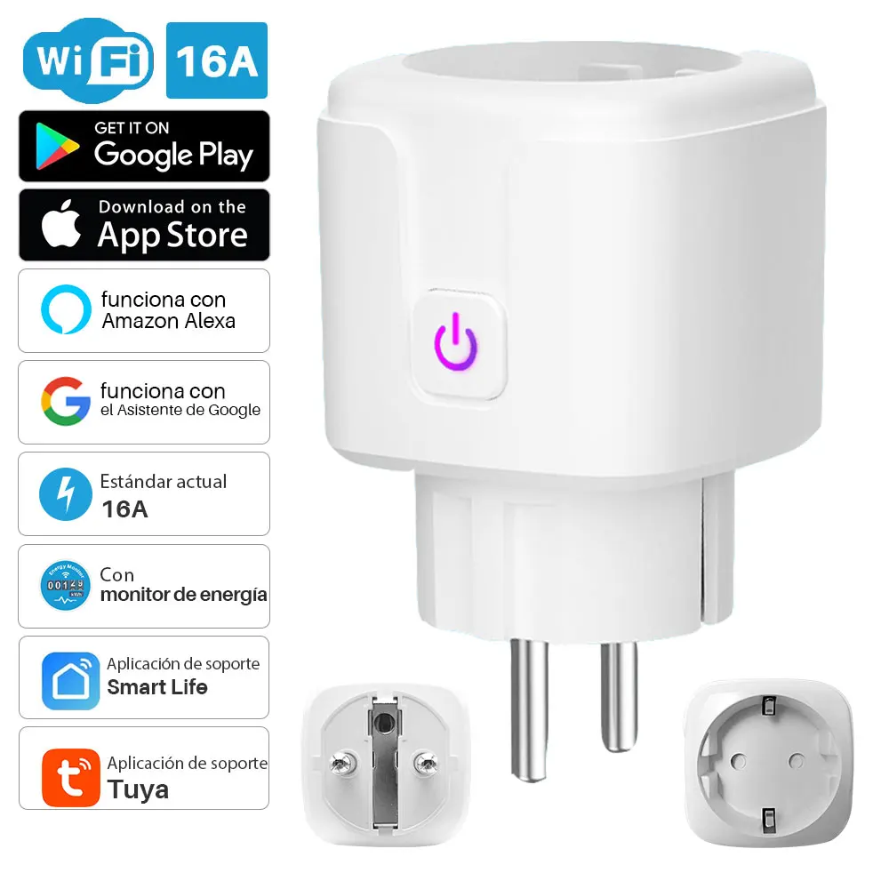 Enchufe con WiFi, Monitor de de 16A, con de sincronización, Control por aplicación Tuya SmartLife, funciona con Alexa, asistente Google, Yandex - AliExpress Productos electrónicos