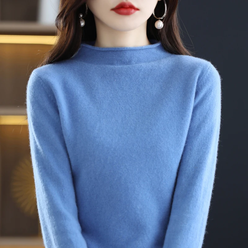 

100% Pure Wool Sweater Women's Half Turtleneck Pullover Casual Knit Loose Autumn Winter Warm Solid Color Long Sleeve Top