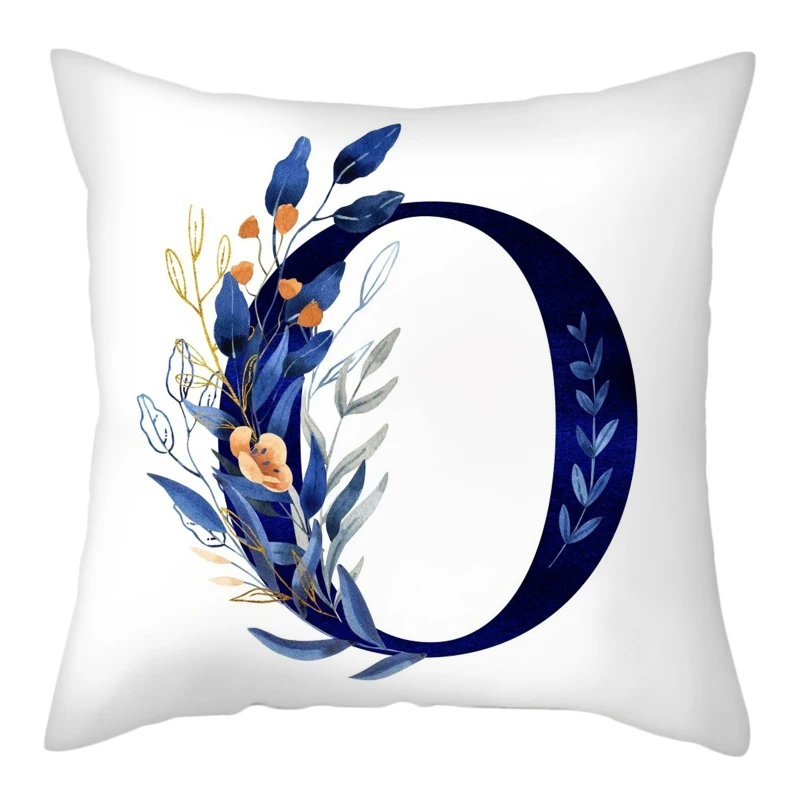 Simple Blue Leaf Alphabet Print Cushion Case 26 Letters Decoration Pillows Case Sofa Chair Livingroom Polyester Throw Pillowcase 