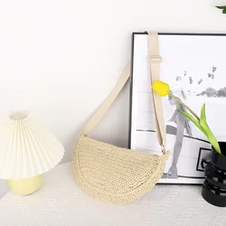 Elegant Summer Straw Semicircle Women's Shoulder Bag - Casual Beach Woven Handbag (Beige)