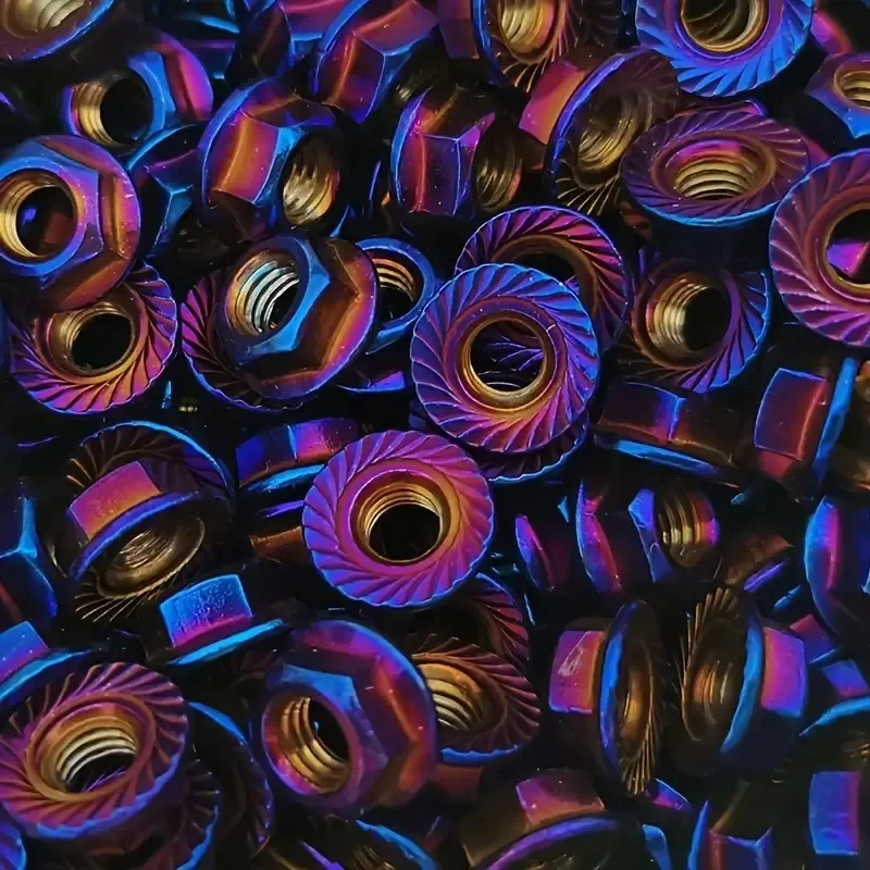 Stainless Steel Hex Nuts 12pcs M5/M6/M8/M10 Flange Locking Nuts Purple and Orange Flame Design for Motorcycle
