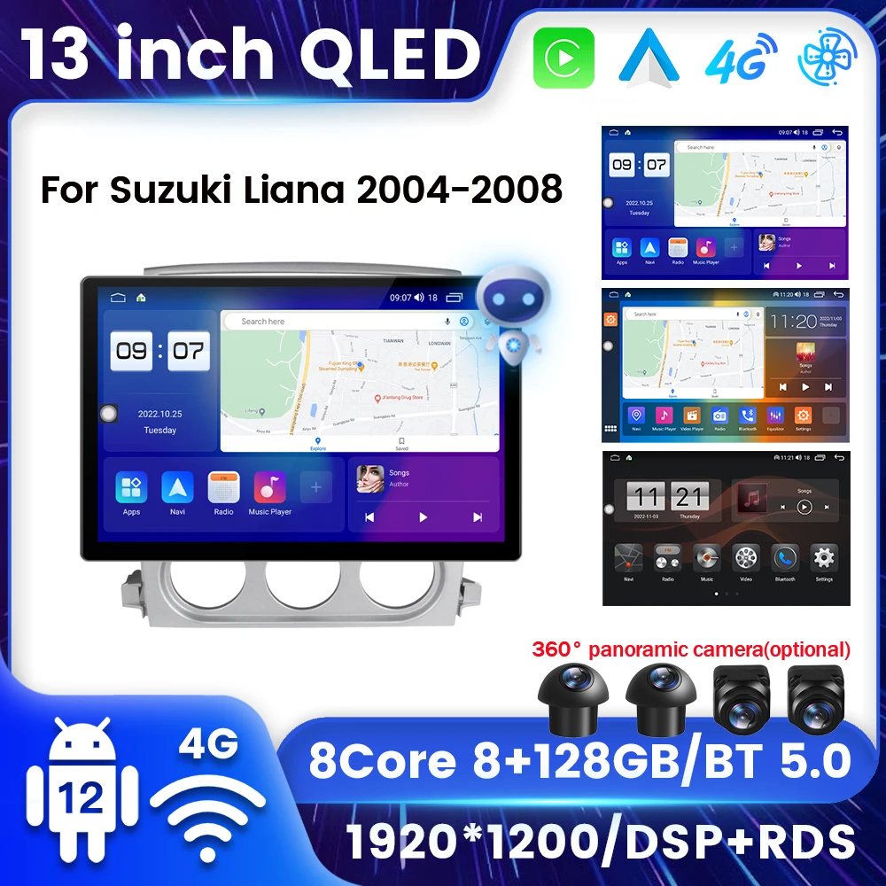 

Автомобильный радиоприемник QLED, Android 12, 8 ядер, 13 дюймов, сенсорный экран, для Suzuki Liana 2004-2008, 2Din, GPS, стерео, DSP, BT 5,0, мультимедийный плеер для автомобиля