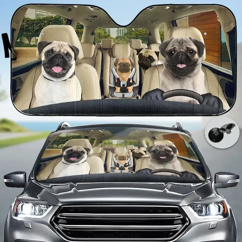 

Pug Family Car Sunshade, Dog Auto Decoration, Animal Car Windshield Sunshade, Dogs Wheel Sun Protector, Motorcar Dog-Lovers Gift