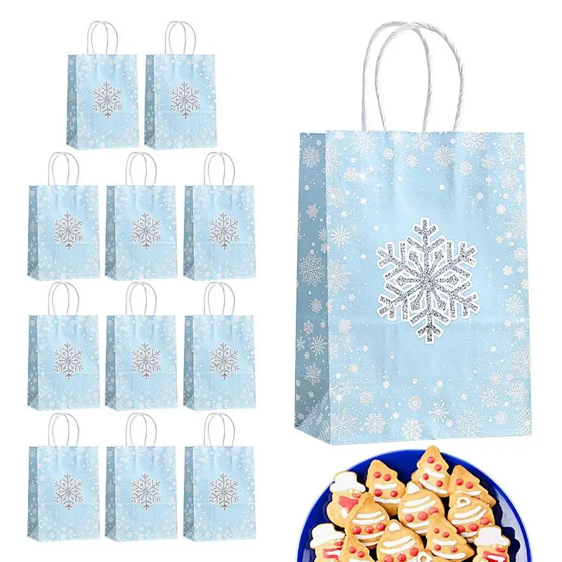 

12pcs Goodie Bags Kraft Paper Shopping Bags Snowflake Pattern Christmas Party Supplies Stocking Stuffers Pouches With Handle