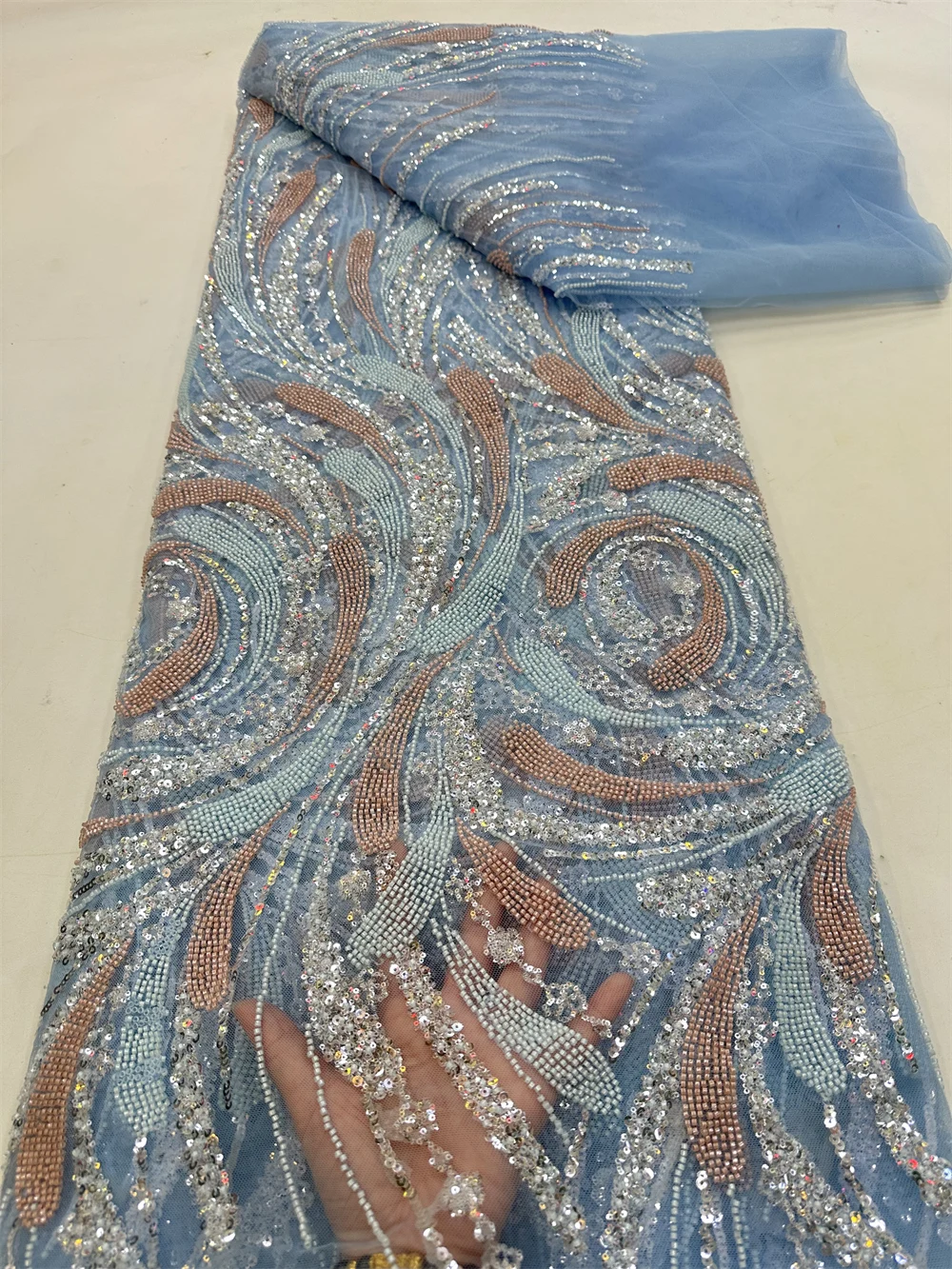 African Sequins Lace Fabric 5 Yards High Quality French Nigerian Groom Lace Fabric For Sewing Dress Wedding Sewing QF0628