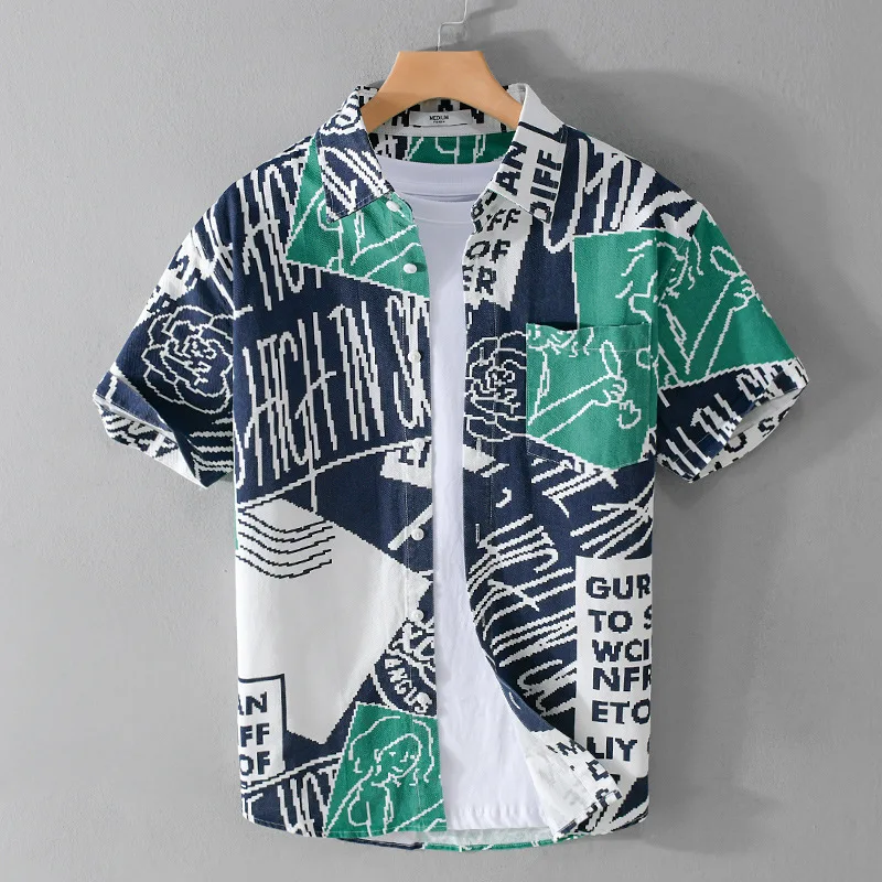 

711 Summer Fashion Men's Print Shirts Japan Style Short Sleeve Contrast Color Patchwork Comfortable Streetwear Blouse Daily Tops