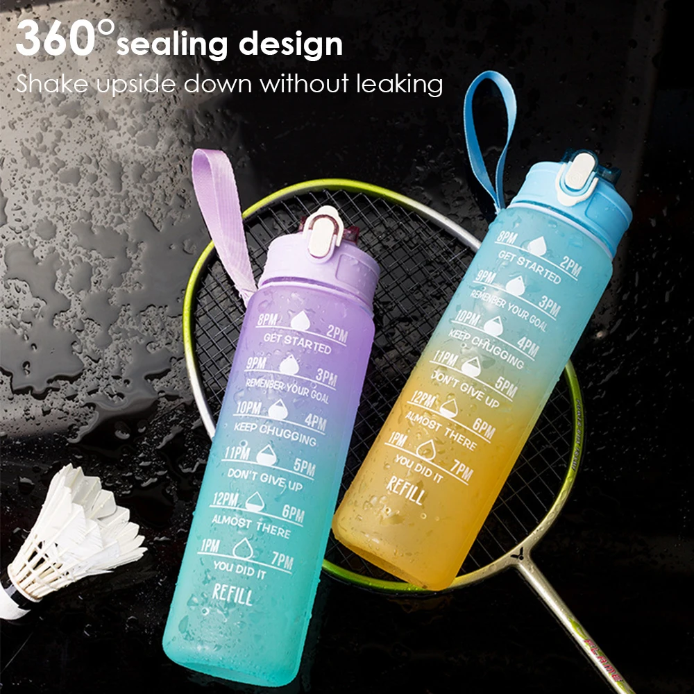 New Sports Water Bottle With Straw Time Marker Leakproof Cold