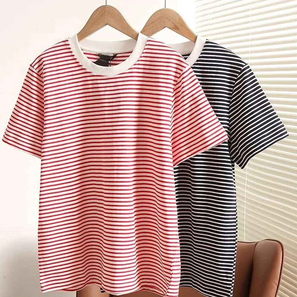 

Женская летняя Новинка 2023, модная Универсальная футболка в полоску, шикарный Повседневный свободный женский топ в стиле ретро с коротким рукавом и круглым вырезом