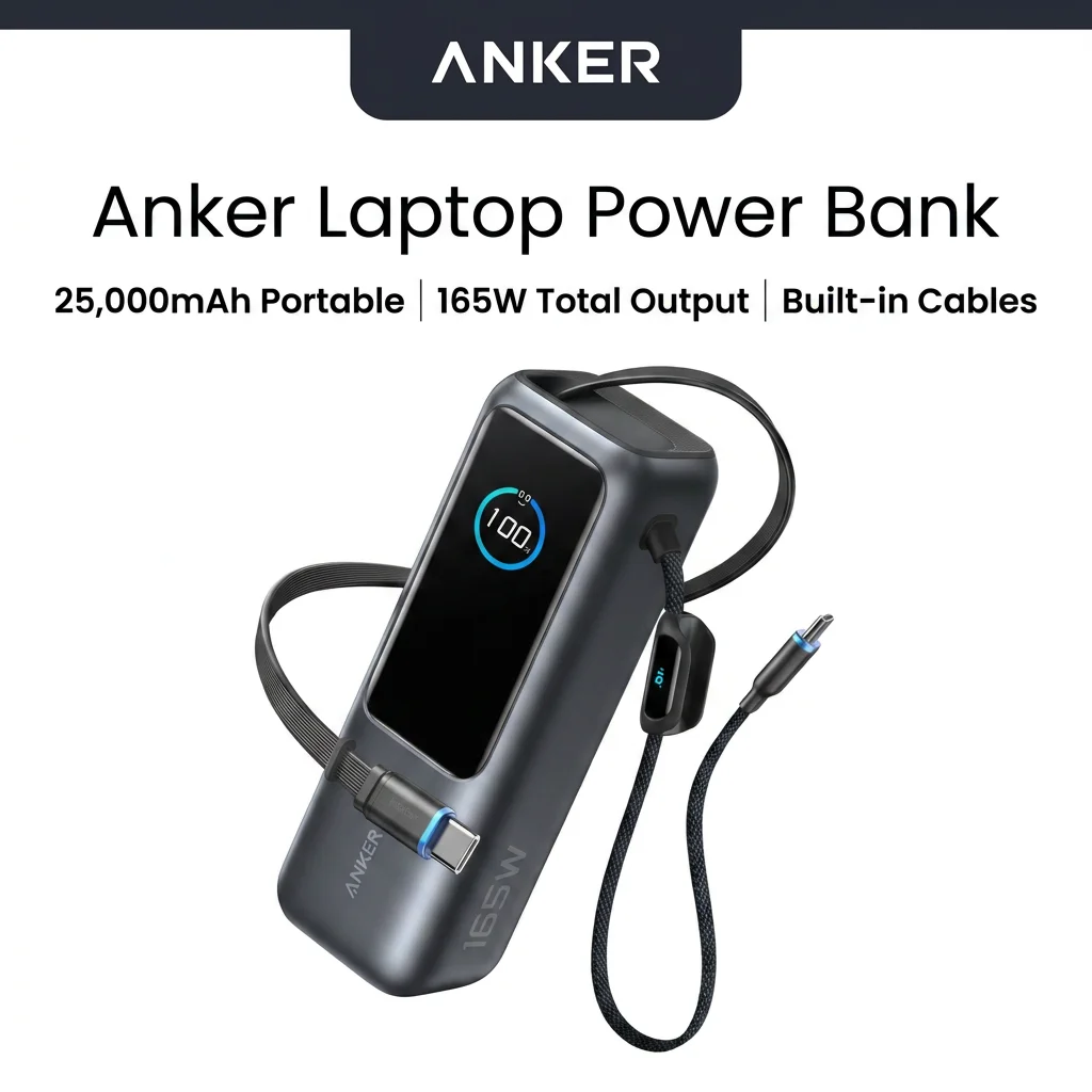 Anker Laptop Power Bank,25,000mAh Portable Charger with 165W Output,3 USB-C Ports (100W Max Each),Built-in Retractable Cable