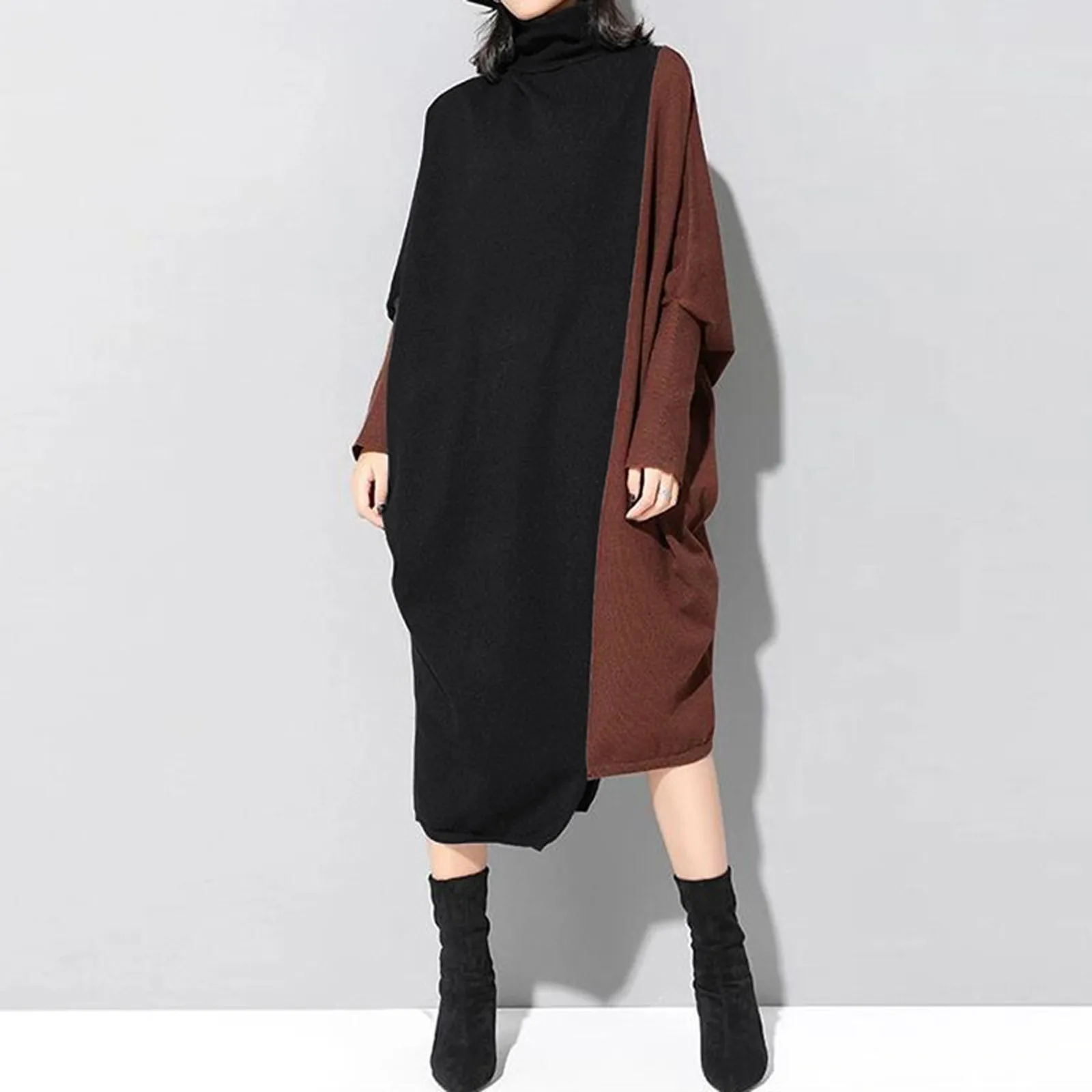 

Patchwork Color Knitted One-Piece Dress Womens High Collar Long Sleeve Oversized Midi Dresses Fashion Harajuku Korean Dresses