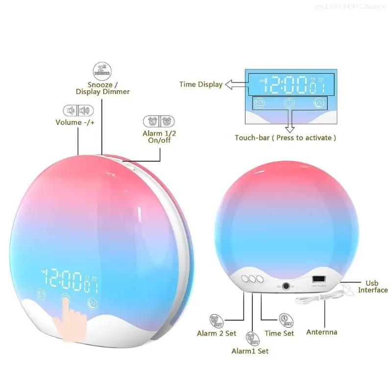 Gentle Wake Up Alarm Clock With Simulated Sunrising And Rainbow Color Lighting Touch Controlled Supported Led Lamp F0T6 5
