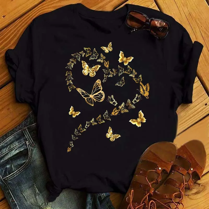 

Watercolor Butterfly Heart Printed T Shirt New Women Black T Shirt Harajuku Cute Graphic Tee Shirt Ladies Casual Female Tops Tee
