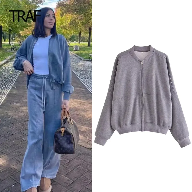 

TRAF Tweed Hoodies Women Sweatshirts Autumn Winter Round Neck Long Sleeve Top With Zipper New In Hoodies Elegant Designer Hoodie