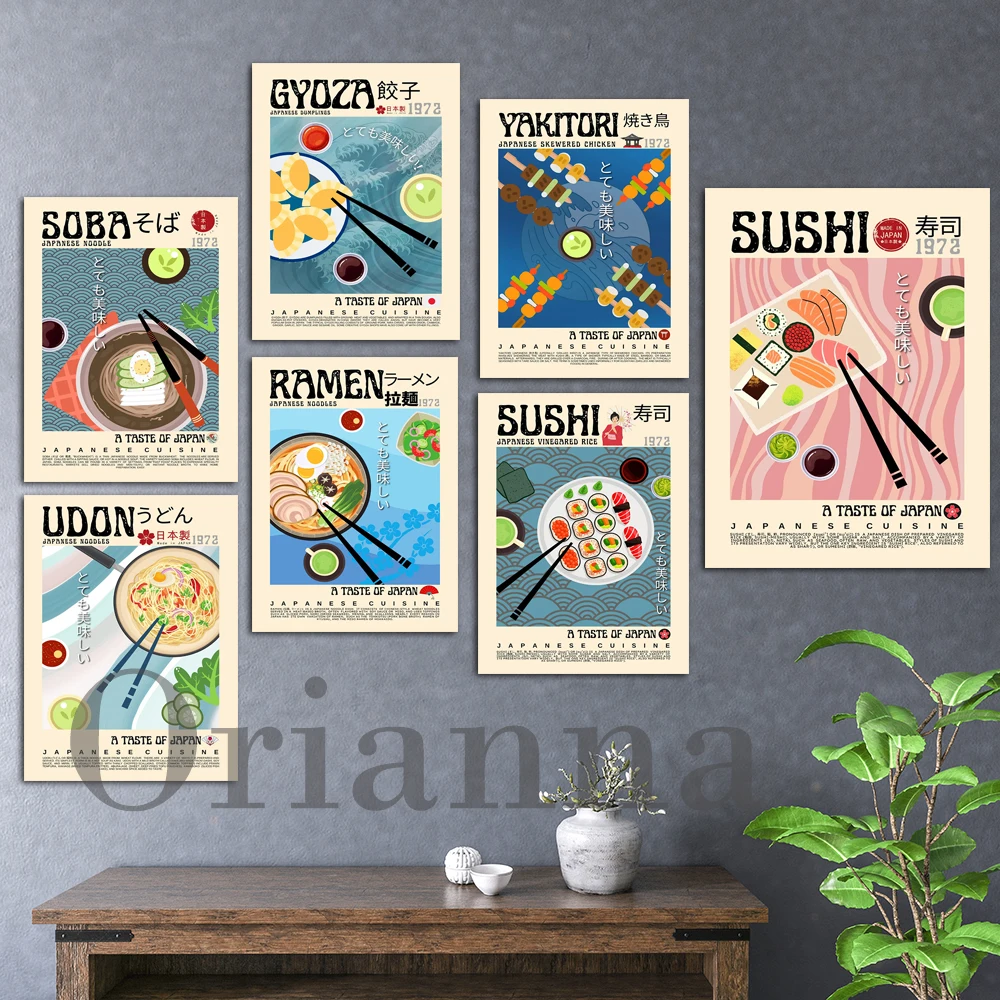Udon Sushi Gyoza Soba Ramen Yakitori Japan Food Retro Wall Art Print Poster Cucina Ristorante Art Decor Painting