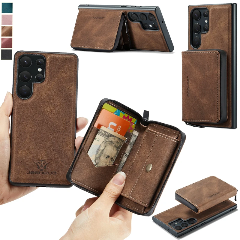 

Zipper Leather Cards Case For Samsung S23 S22 Ultra S21 S20 FE Plus Magnetic Stand Cover Note 20 10 9 8 Wallet Hoesje Phone Bag
