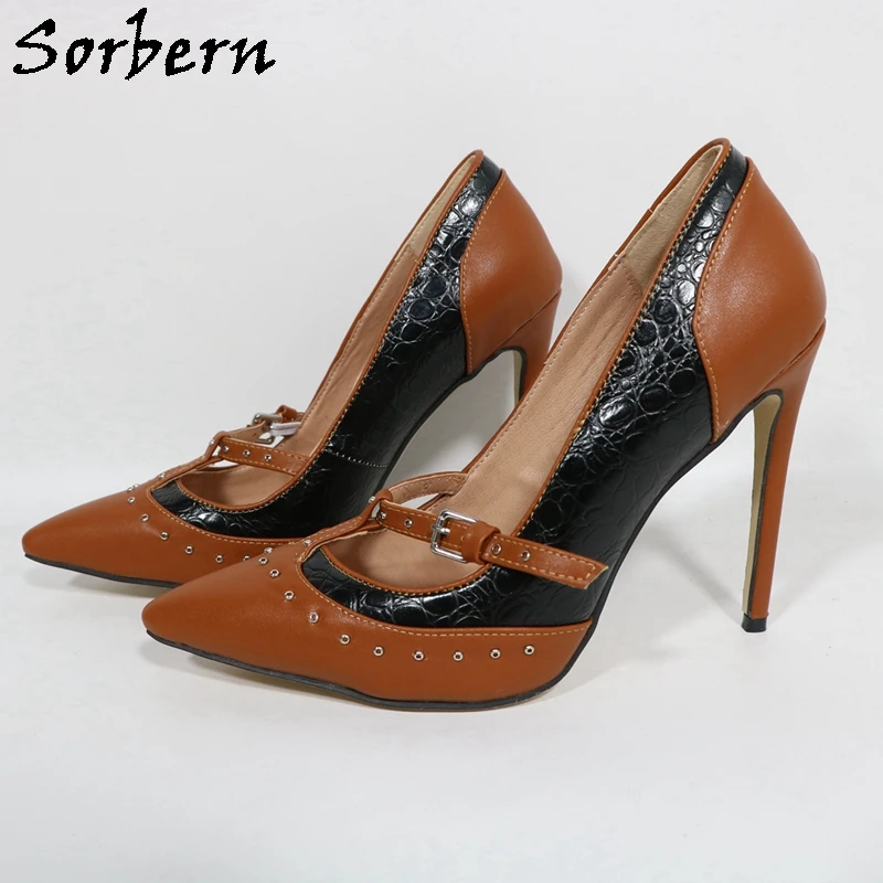 Sorbern Braun Rot Mary Jane Damen Pumpschuhe High Heel Stilettos Spitze Zehen Schwarze Schuhe Nieten Büro Damen Heels Custom – Detail 7